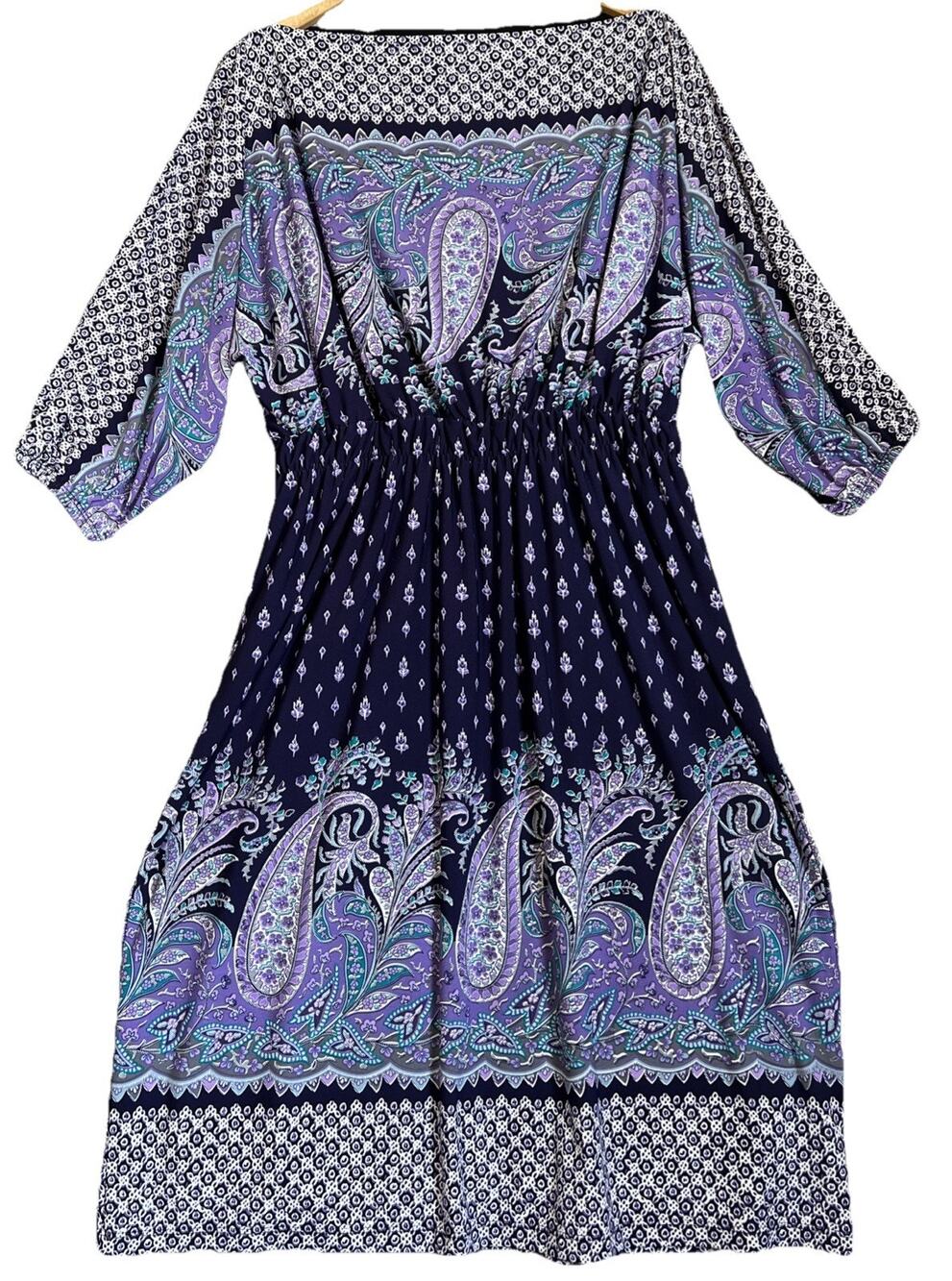 Melissa Masse Dress 1X Plum Purple Paisley Boat Neck Lined Below Knee Jersey USA